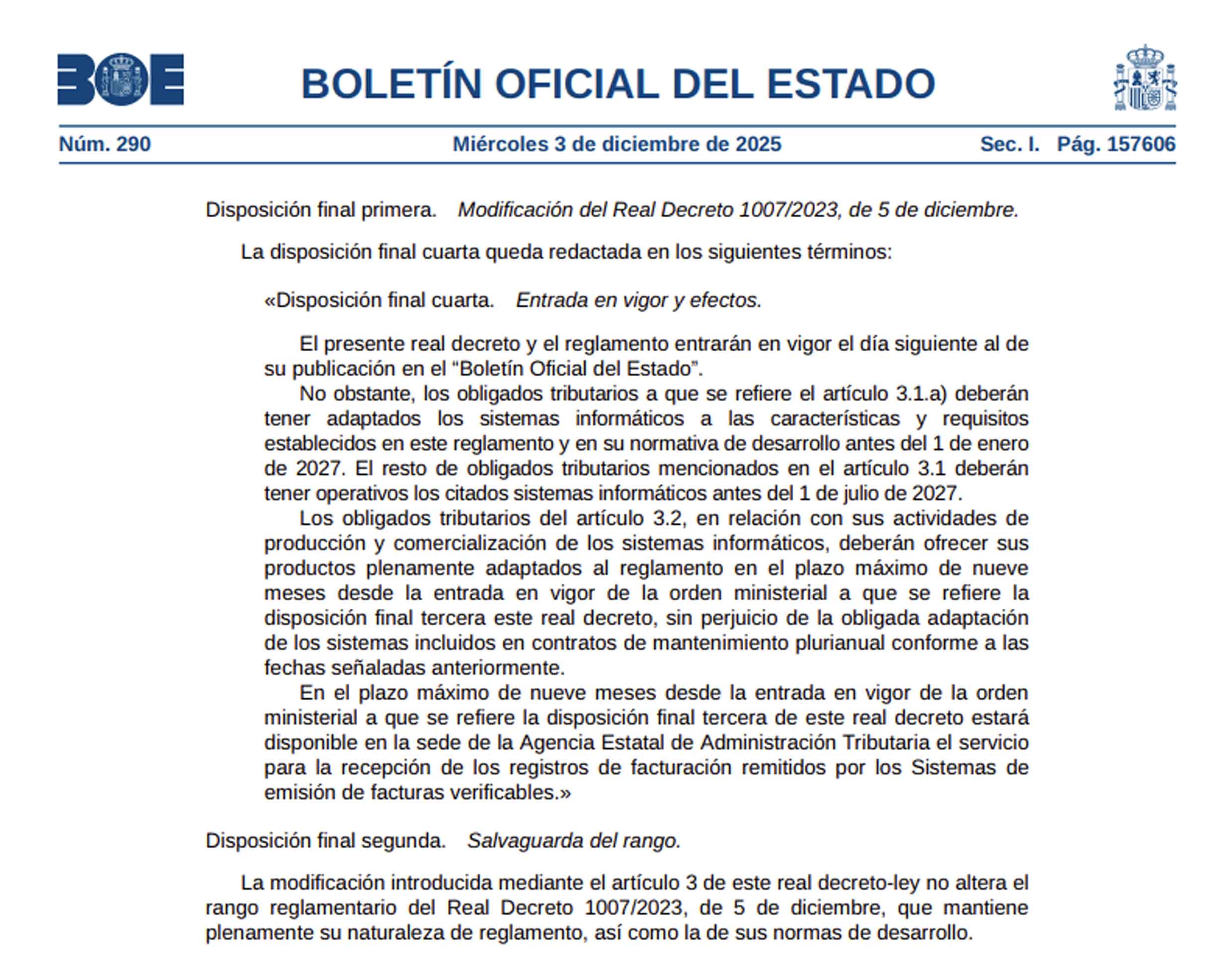 BOE 290 · 03/12/2025 · Sección I · Página 157606 · Disposición final primera. Modificación del Real Decreto 1007/2023, de 5 de diciembre